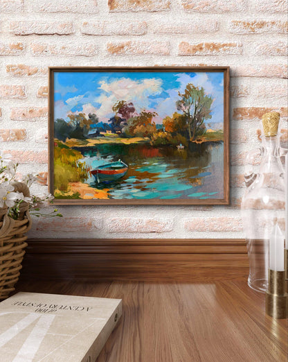 Framed oil painting Preparing for fishing by Yuriy Suprunchuk lakeside scene