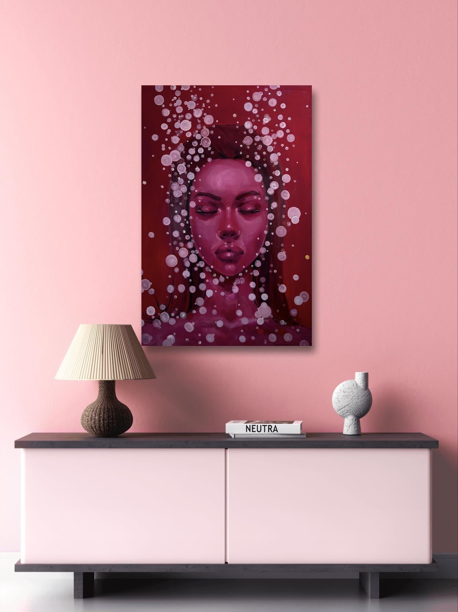 Oil painting Gravitation by Victoria Kagalovska: red serene womans face with white circles