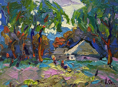 Vibrant impressionist oil painting Early morning in the village by Oksana Ivanyuk