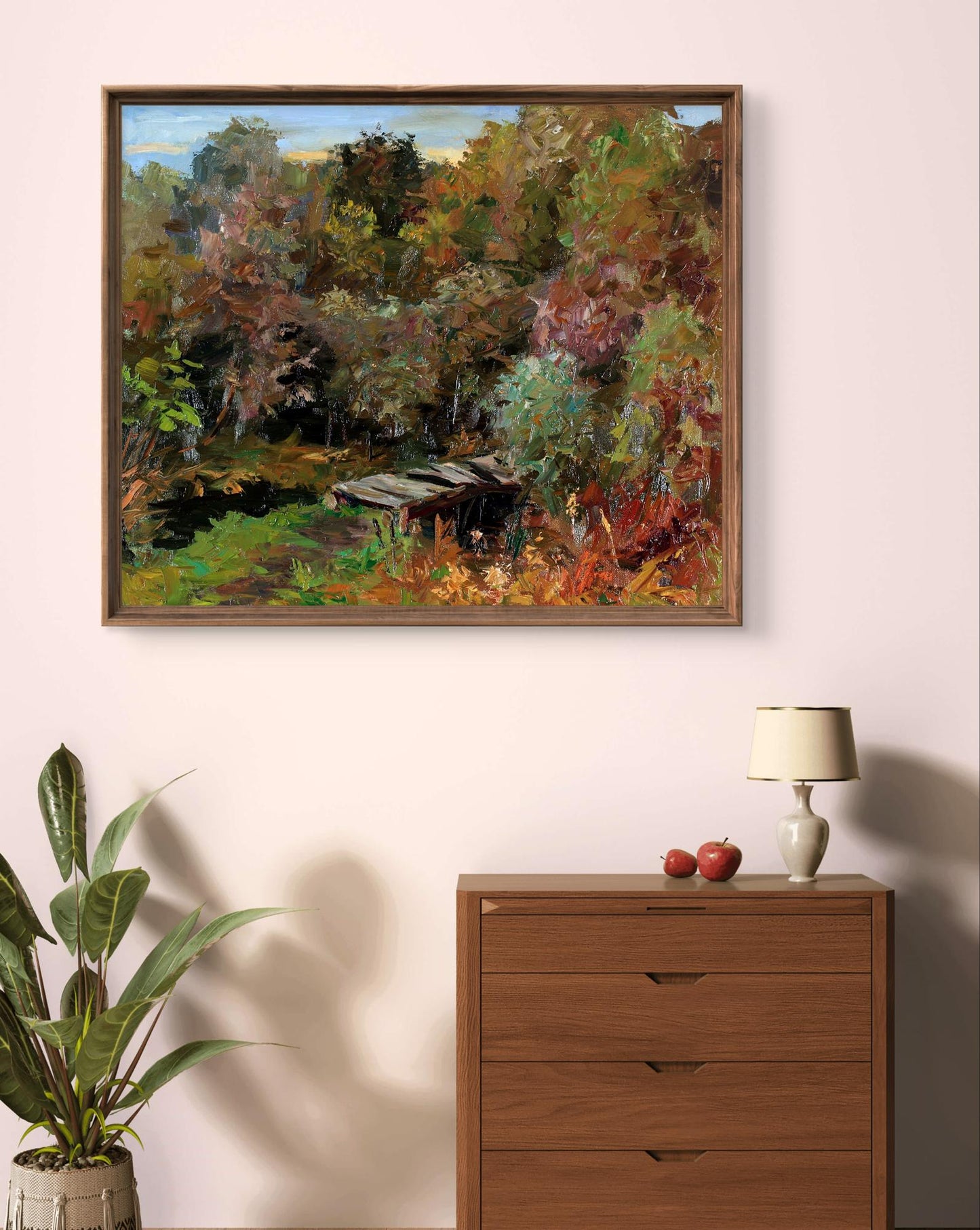 Oil painting Masonry Boris Serdyuk: lush autumnal forest in vibrant greens, reds, browns