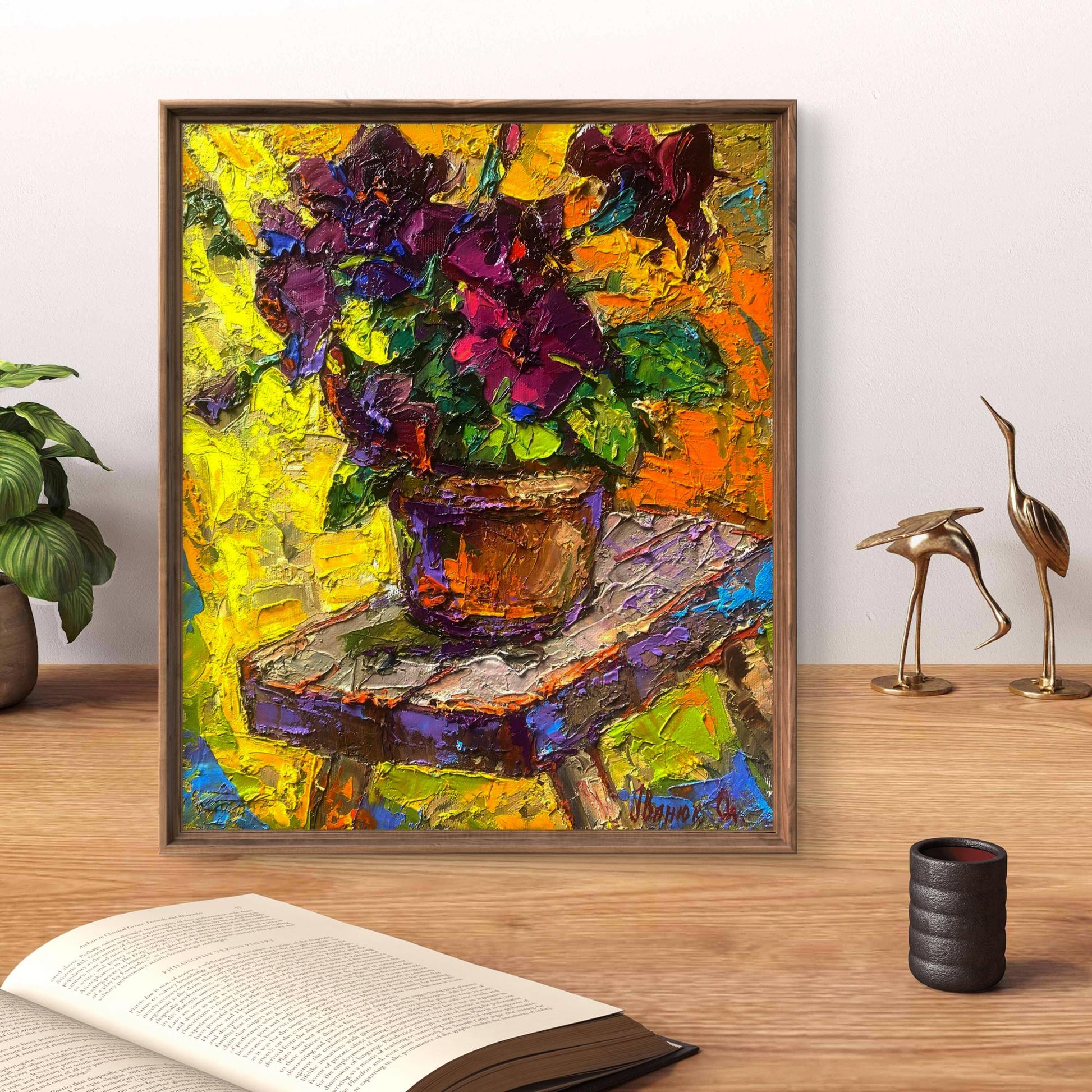 Vibrant Oleksiy Ivanyuk oil painting of quiet room with gentle purple petunias in rustic frame