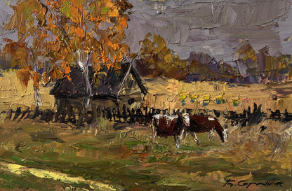 Autumn oil painting by Boris Serdyuk: rustic house amid fiery fall trees