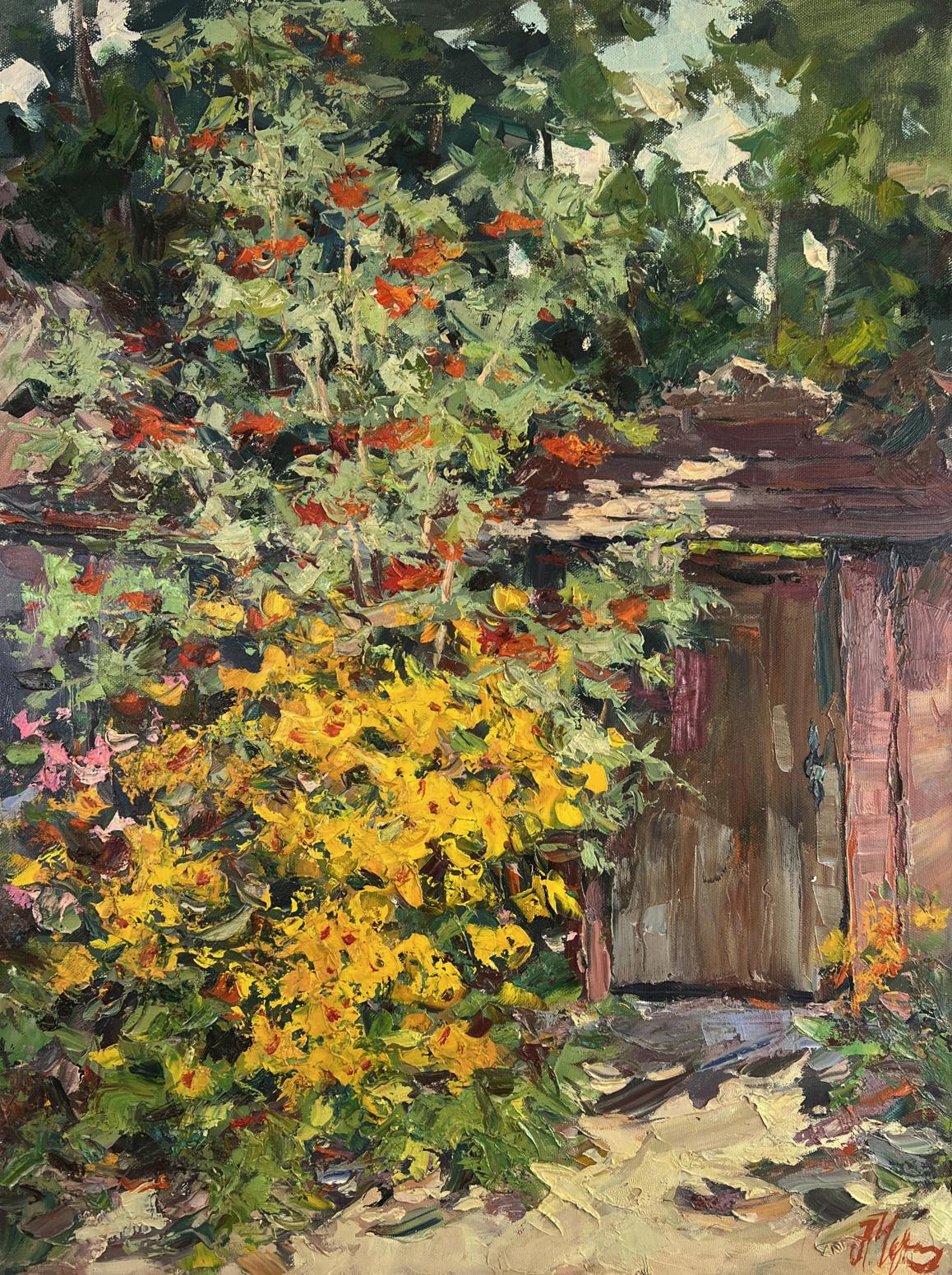 Oil painting Natures invitation by Alexander Cherednichenko rustic shed flowers