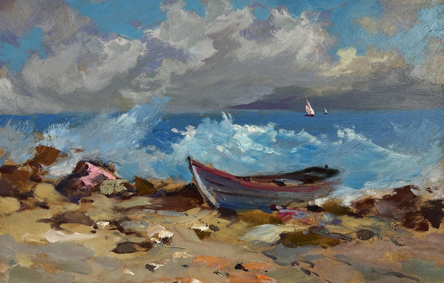 Oil painting of weathered rowboat on rocky shore amid raging sea waves by Yuriy Suprunchuk