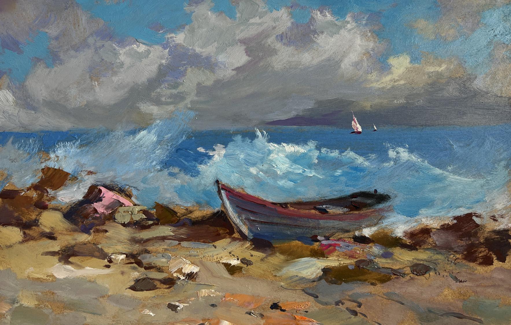 Oil painting of weathered rowboat on rocky shore amid raging sea waves by Yuriy Suprunchuk