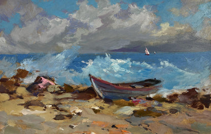 Oil painting of weathered rowboat on rocky shore amid raging sea waves by Yuriy Suprunchuk