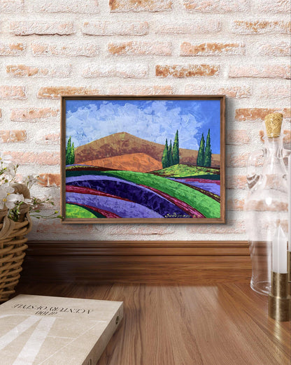 Oil painting In the Mountains by V. Zadorozhnya: vibrant green purple hills