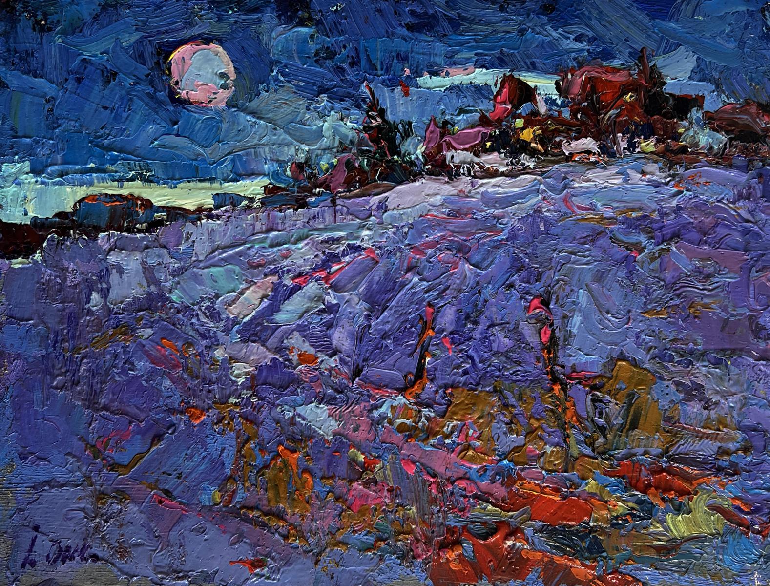 Vibrant impressionist oil painting Moonlit night in the field by Oksana Ivanyuk