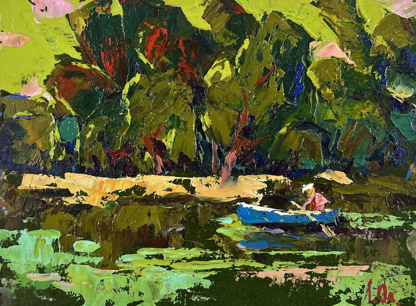 Oil painting Calm on the Water by Oleksiy Ivanyuk with blue rowboat
