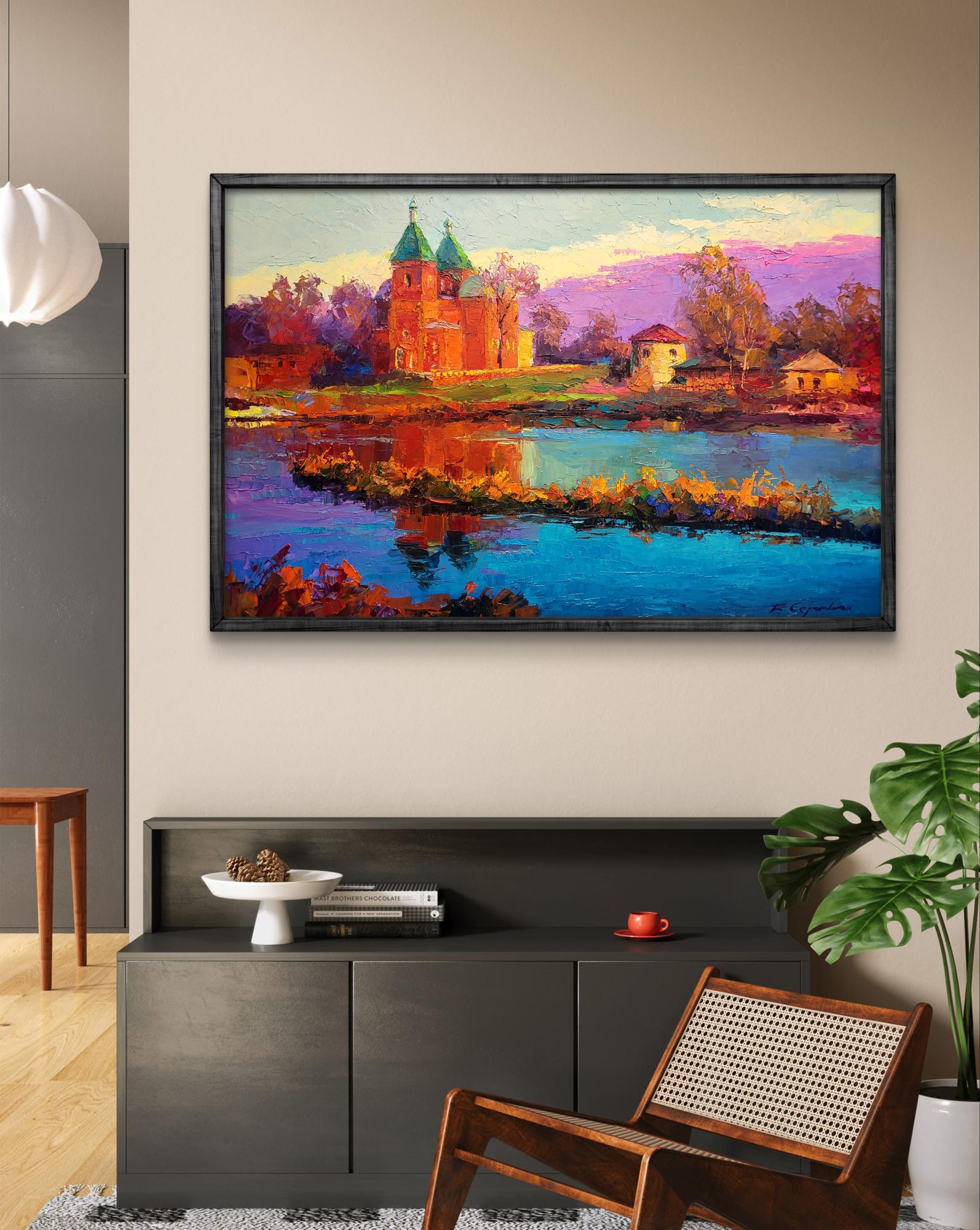 Oil painting Evening near the church by Boris Serdyuk in black frame