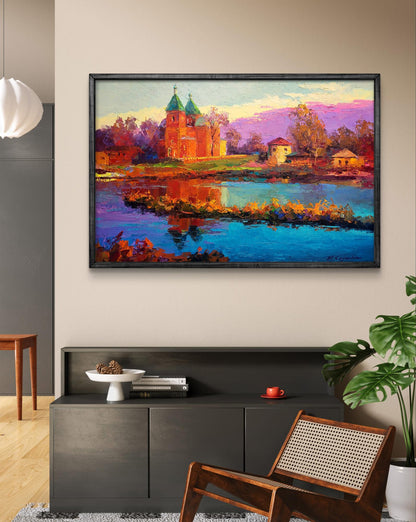 Oil painting Evening near the church by Boris Serdyuk in black frame
