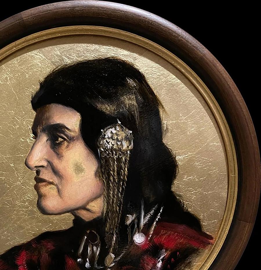Detailed oil painting portrait of Native American man in profile, dark wood gold frame