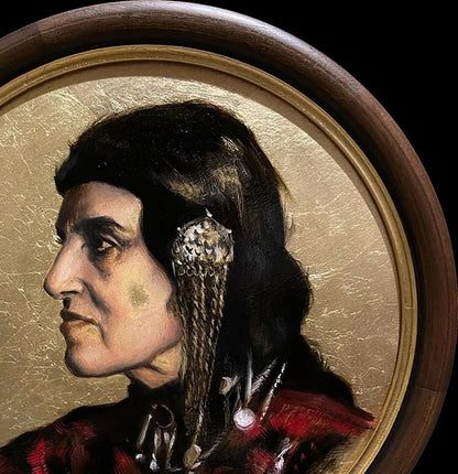 Detailed oil painting portrait of Native American man in profile, dark wood gold frame