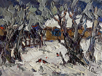 Oil painting Bullfinch in the yard by Oksana Ivanyuk snowy landscape