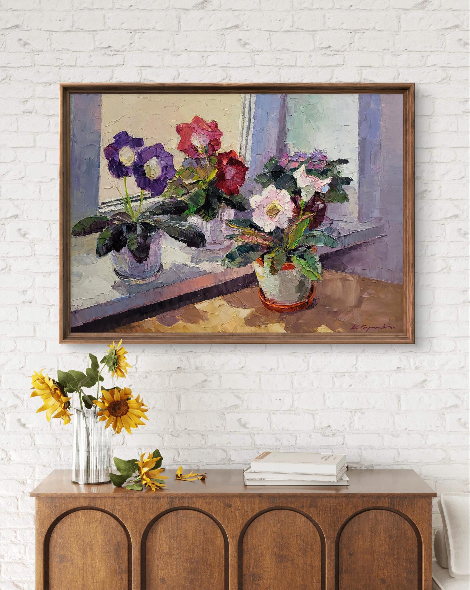 Framed oil painting of vibrant gloxinia flowers in vase by Boris Serdyuk
