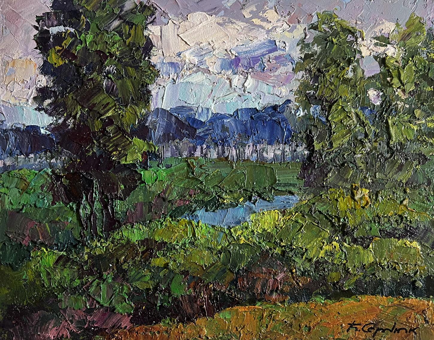 Oil painting It’s getting dark by Boris Serdyuk: lush green trees, blue mountains