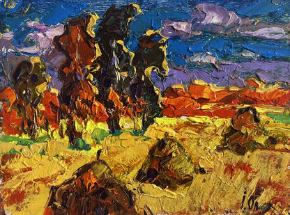 Vibrant impressionist oil painting The sun sets in the field by Oleksiy Ivanyuk