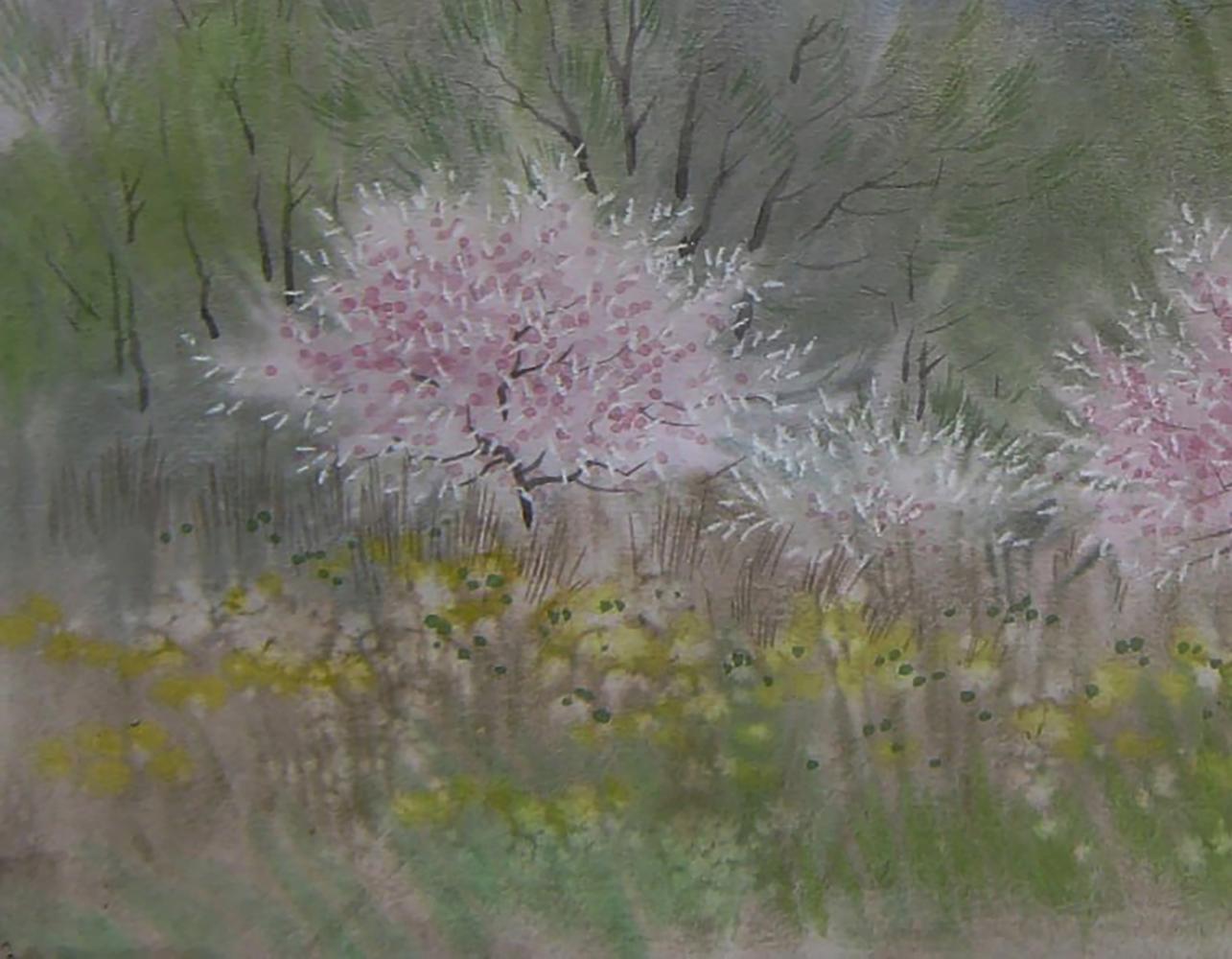 Watercolor painting of blooming pink cherry trees by Valery Savenets