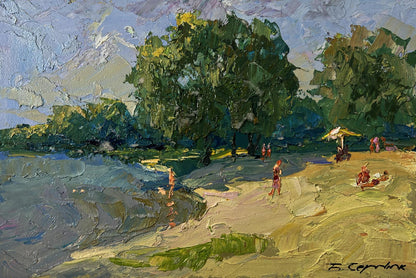 Impressionistic oil painting by Boris Serdyuk of people relaxing on river