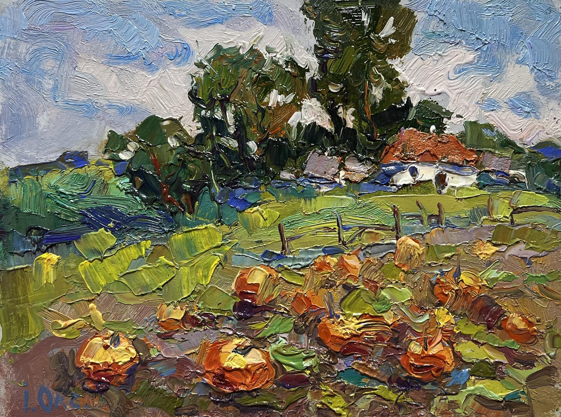 Vibrant impressionist oil painting of pumpkins in garden by Oksana Ivanyuk