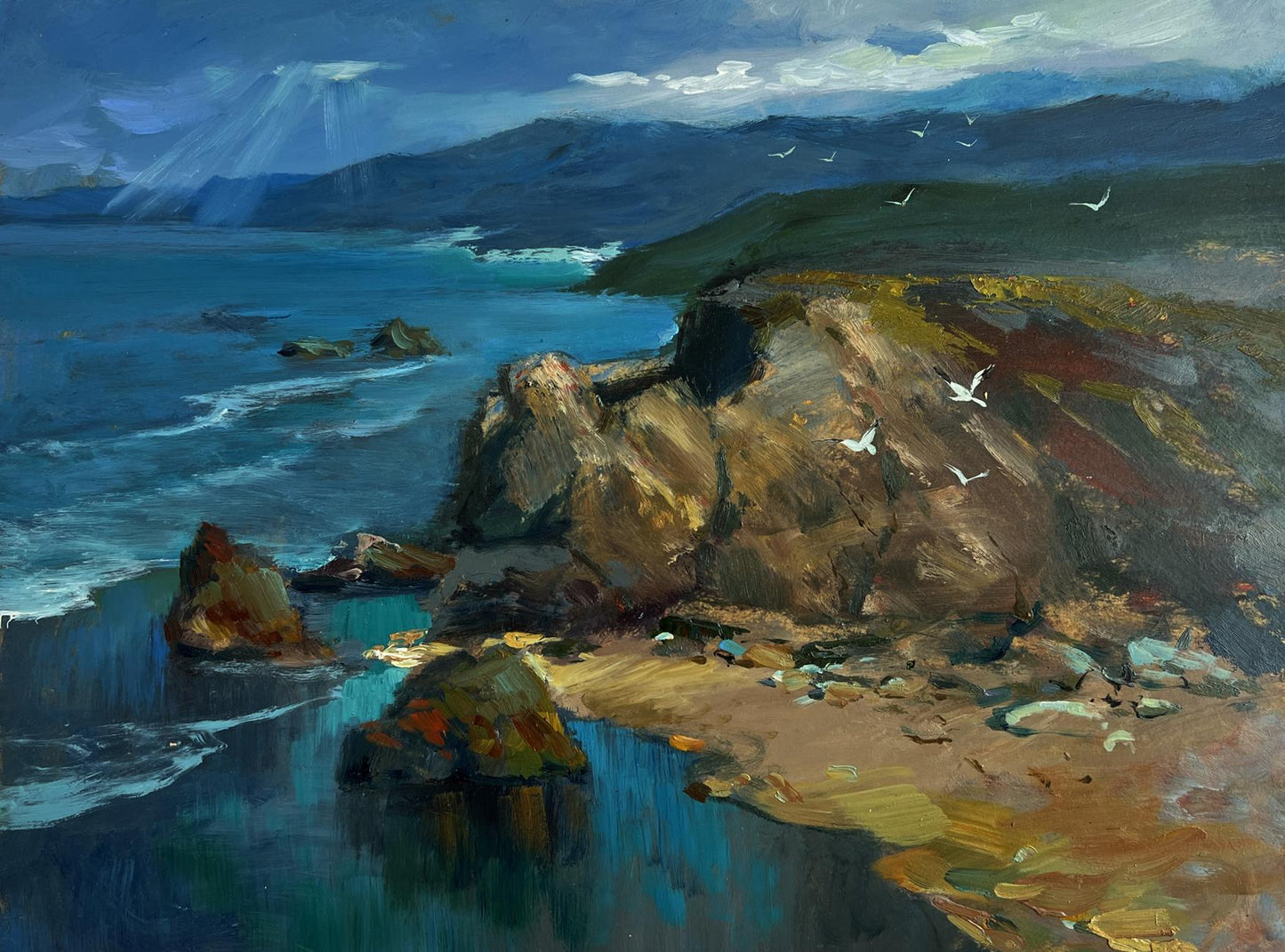 Oil painting by Yuriy Suprunchuk: rugged cliff, turbulent sea, dramatic sky