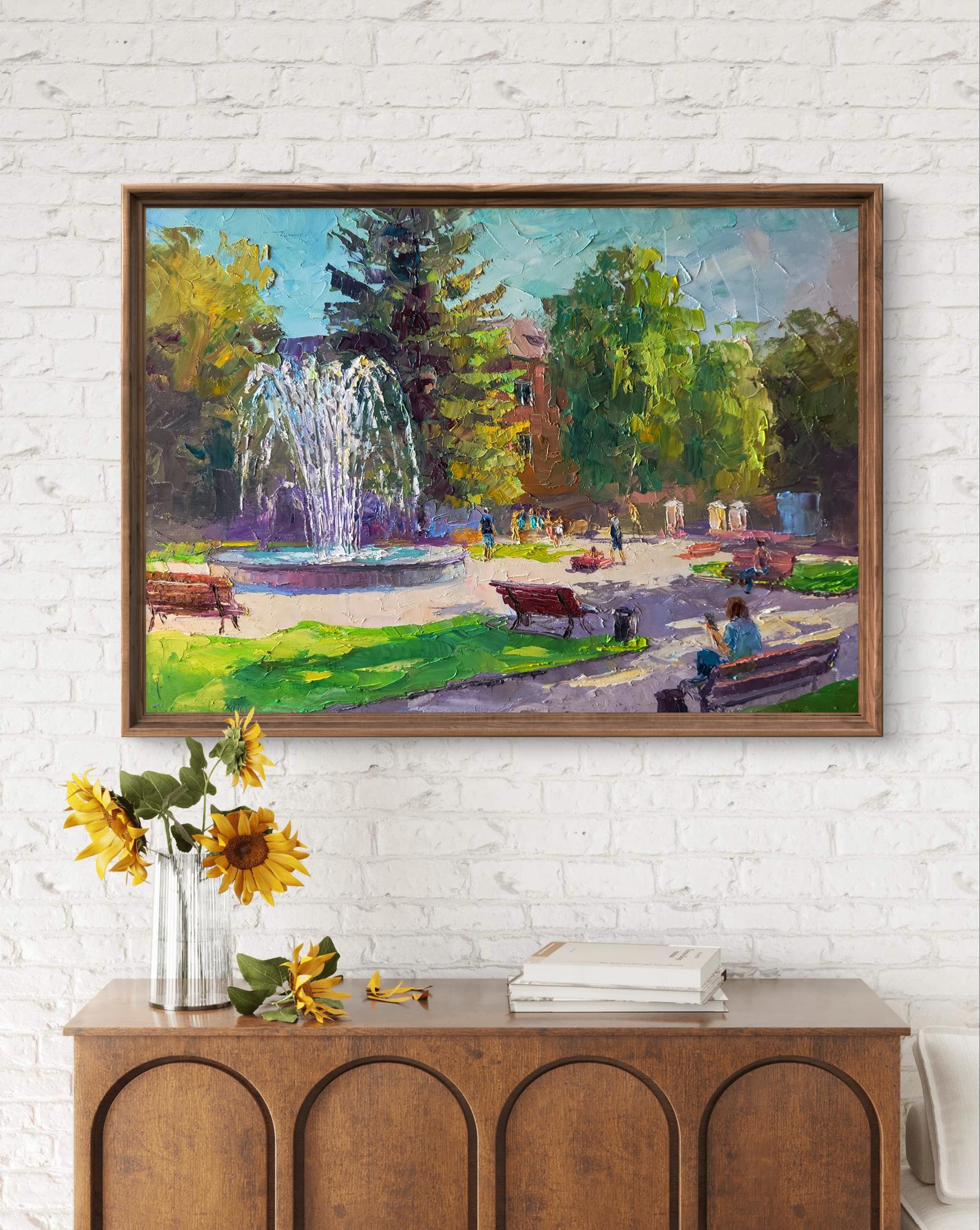 Framed impressionist oil painting of city park with fountain by Boris Serdyuk