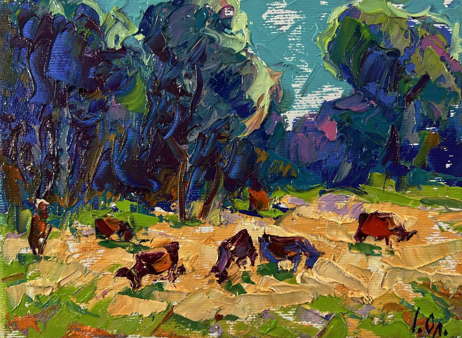 Vibrant impressionist oil painting by Oleksiy Ivanyuk: cows grazing in sunlit field