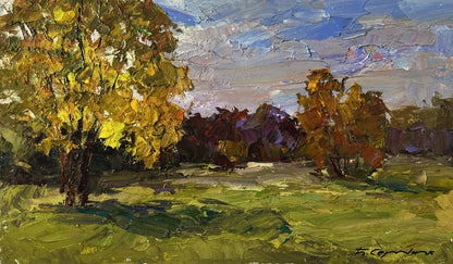 Oil painting Vibrant autumn nature by Boris Serdyuk, impasto landscape