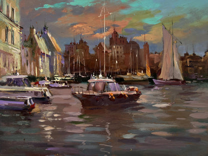 Moody impressionistic oil painting of harbor sailboats at dusk by Yuriy Suprunchuk