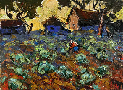 Vibrant impressionist oil painting of cabbage planting in garden by Oleksiy Ivanyuk