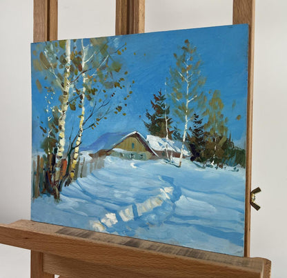 Vibrant winter fairy tale oil painting by Yuriy Suprunchuk on wooden canvas