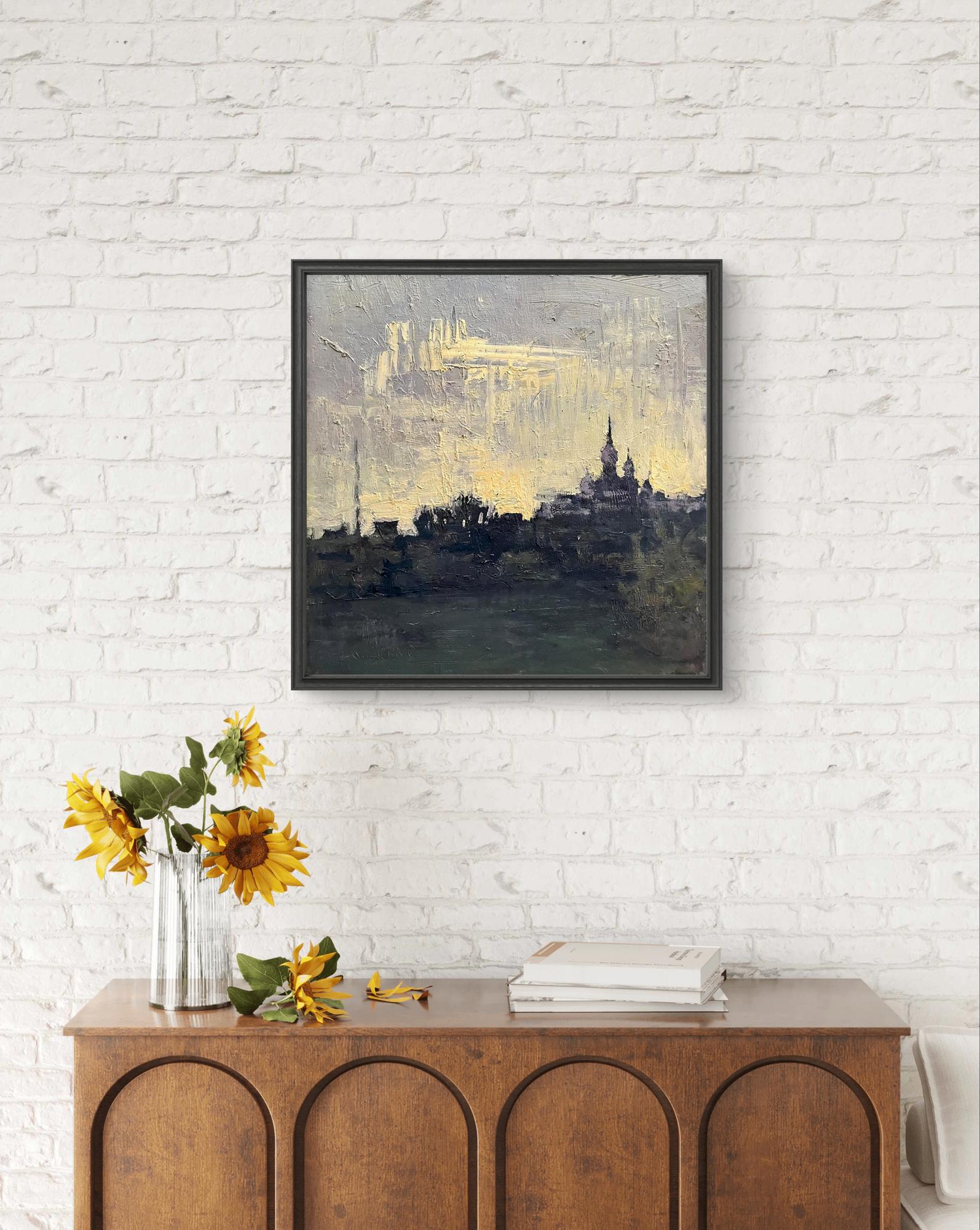 Black-framed oil painting by Volodymyr Pashchenko: cityscape landscape with church