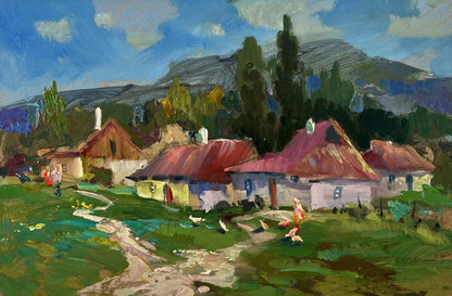 Vibrant oil painting of village among mountains by Yuriy Suprunchuk