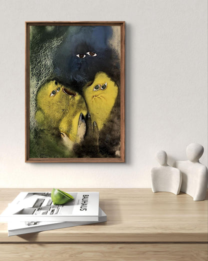 Framed Dmytro Startsev watercolor of three yellow expressive face creatures on dark background