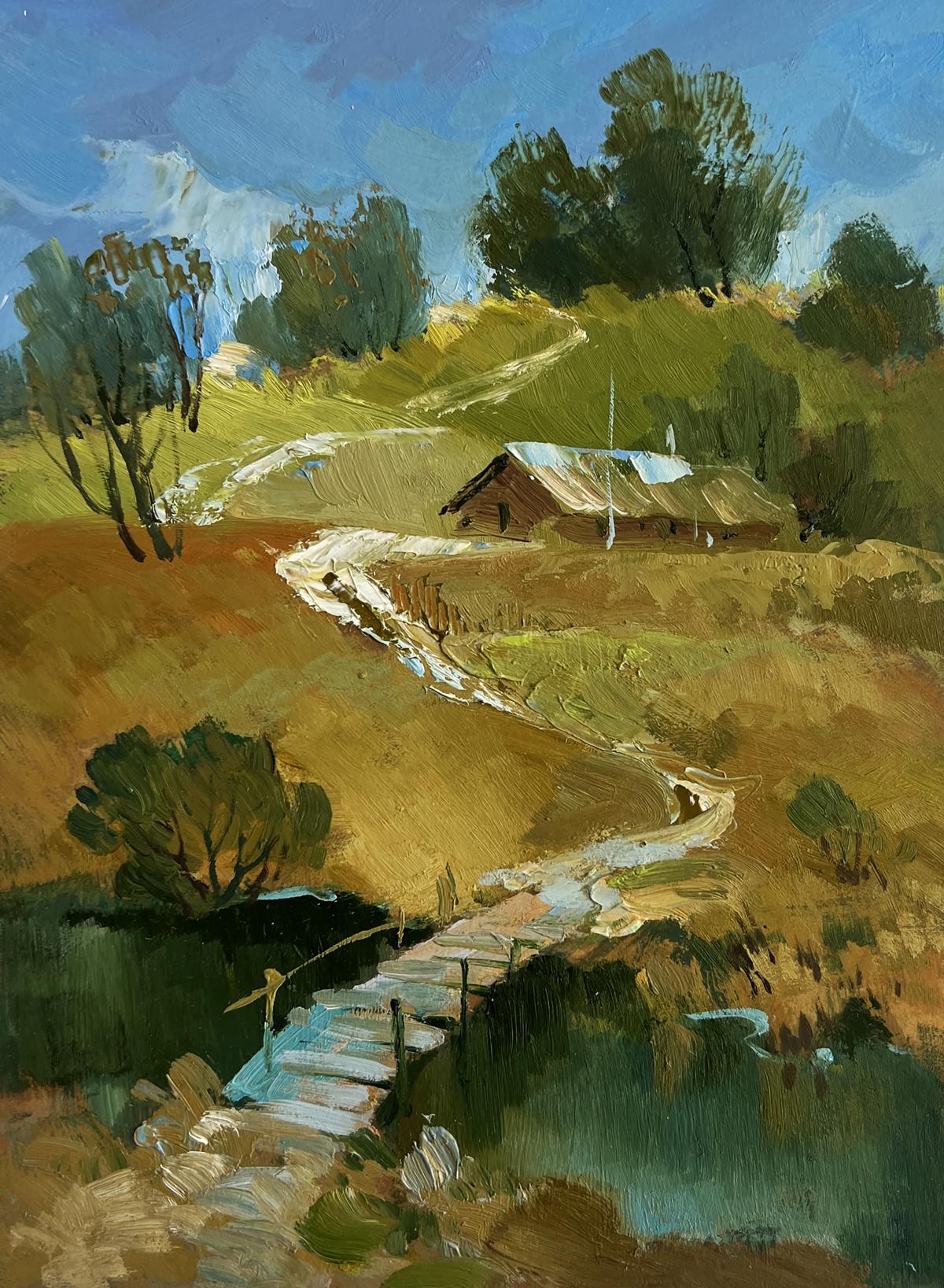 Oil painting of path along village by Yuriy Suprunchuk: rustic cabin in green hills