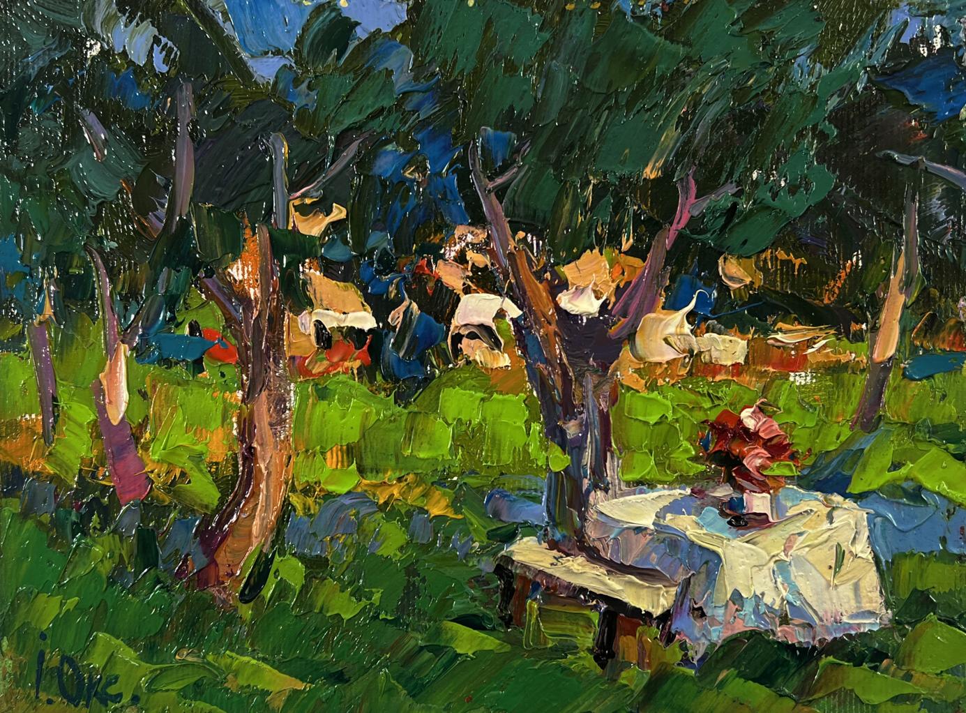 Oil painting Morning Coolness by Oksana Ivanyuk: sunlit garden scene
