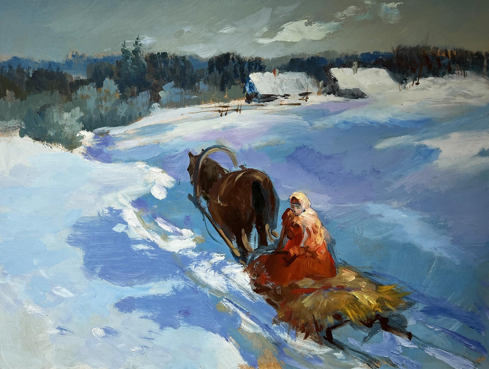 Oil painting Returning home on a winter evening by Yuriy Suprunchuk