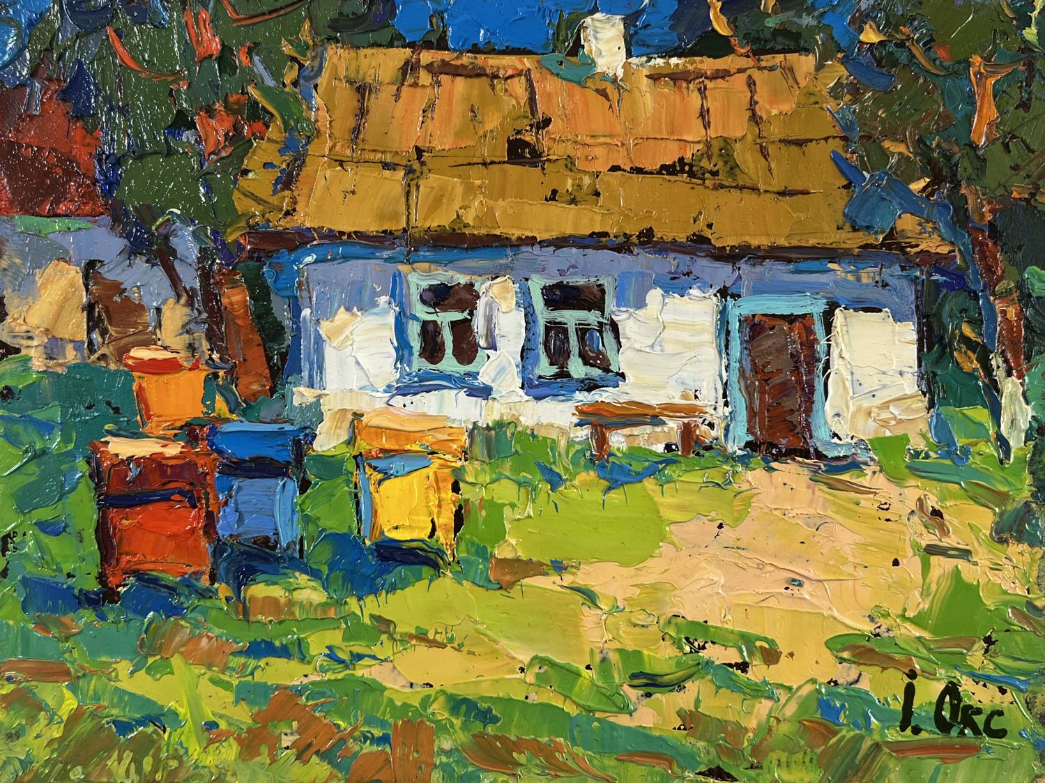 Vibrant impressionistic oil painting of rustic blue thatched house, beehives, lush greenery by Oksana Ivanyuk