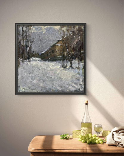 Framed impressionistic snowy landscape oil painting by Volodymyr Pashchenko
