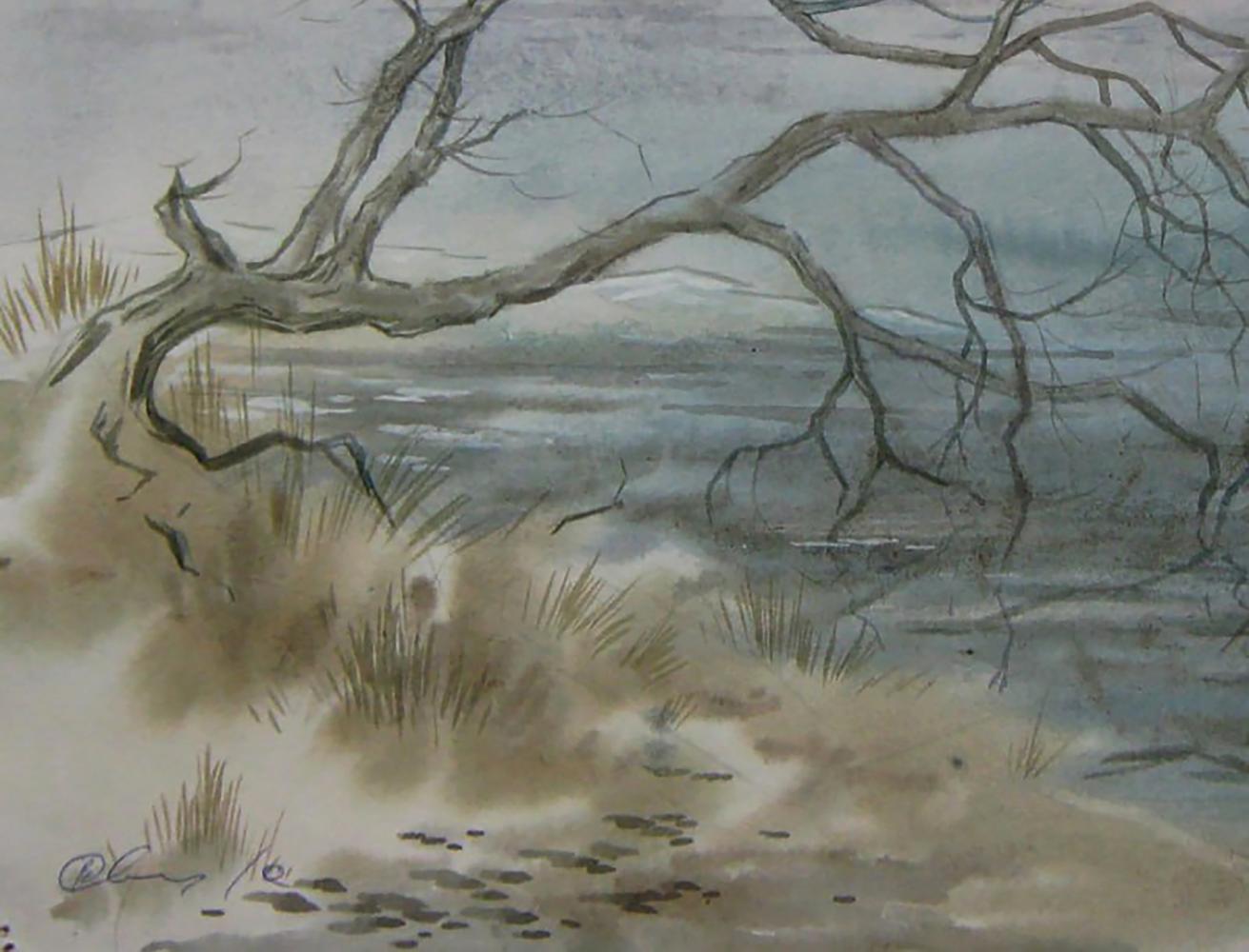 Watercolor painting Awakening of Nature by Valery Savenets: gnarled tree over shore