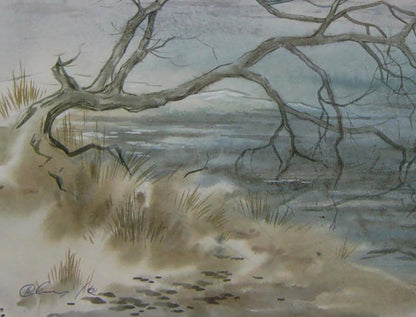 Watercolor painting Awakening of Nature by Valery Savenets: gnarled tree over shore