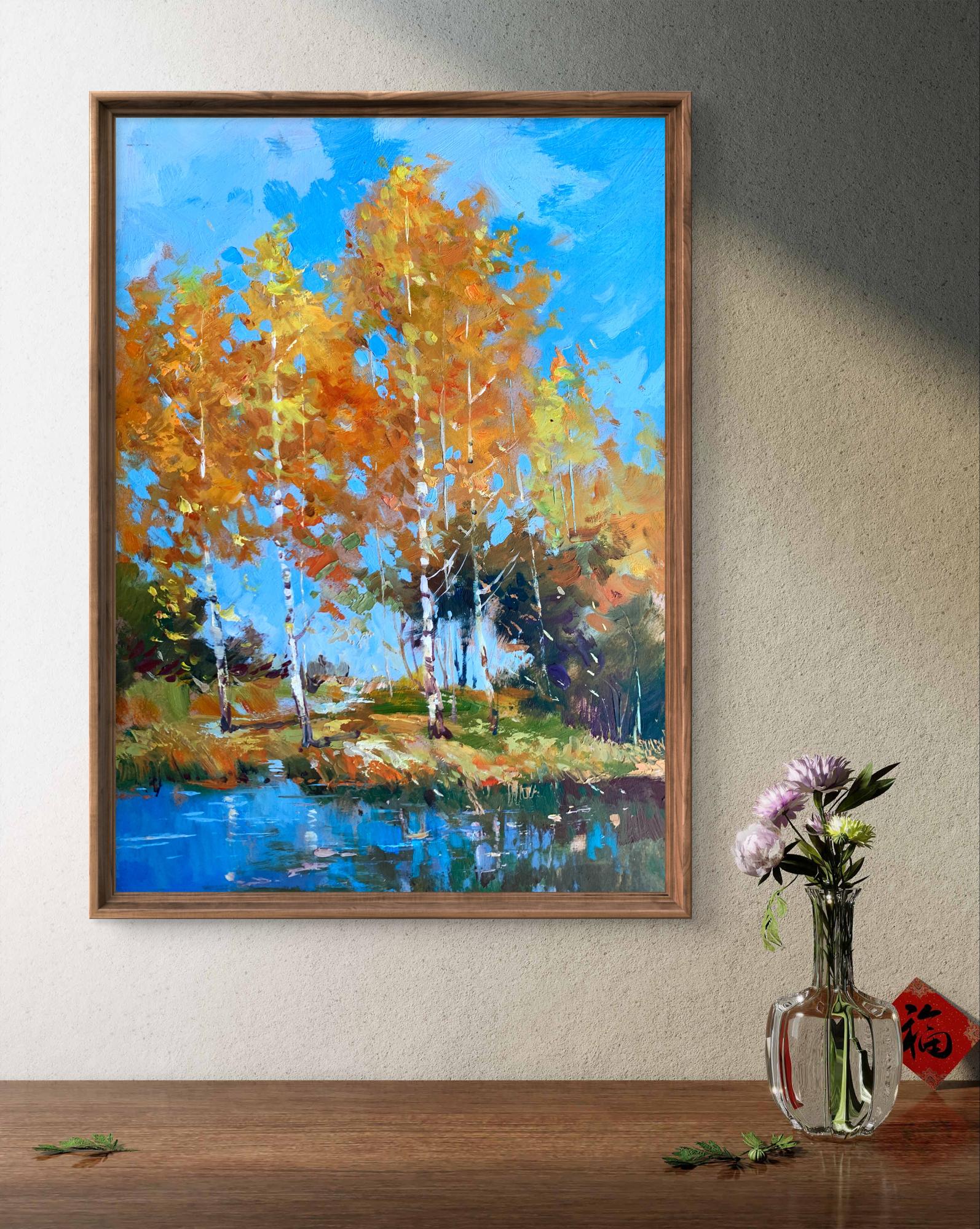 Oil painting of orange autumn birch forest by Yuriy Suprunchuk in wooden frame