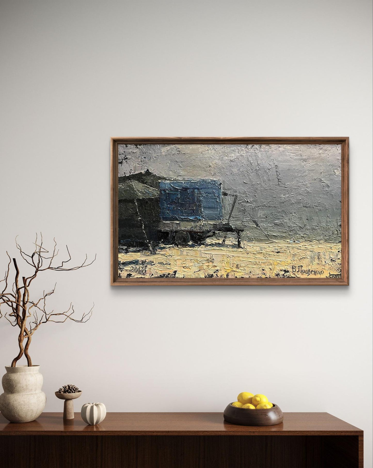 Oil painting Neighborhood Volodymyr Pashchenko rustic blue wagon in field
