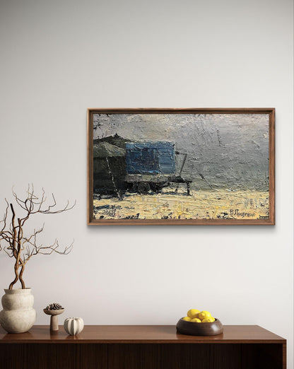 Oil painting Neighborhood Volodymyr Pashchenko rustic blue wagon in field