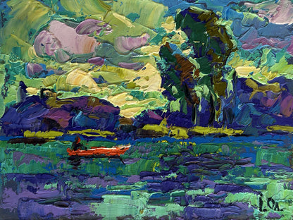 Vibrant impressionist oil painting of red kayak on river with yellow sunset by Oleksiy Ivanyuk