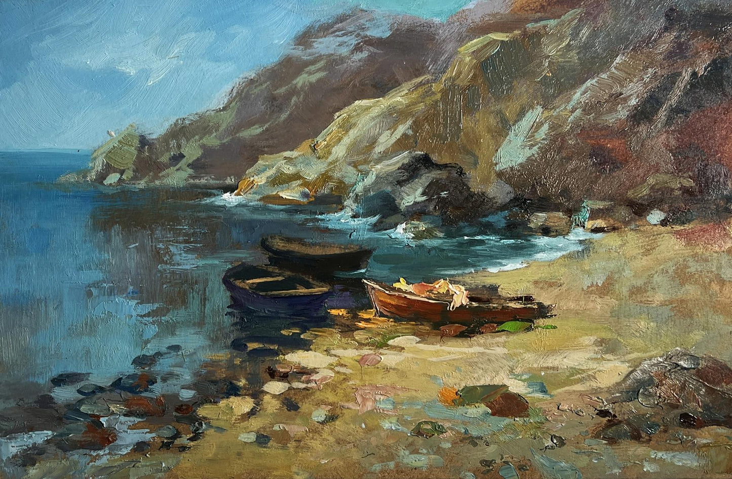 Oil painting Dream of the sea and mountains by Yuriy Suprunchuk: boats on rocky shore