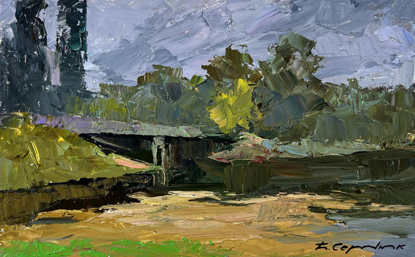 Impressionistic oil painting of Boris Serdyuk bridge over water in muted greens