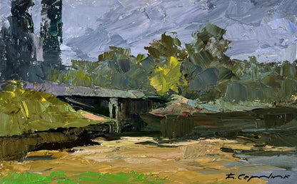 Impressionistic oil painting of Boris Serdyuk bridge over water in muted greens