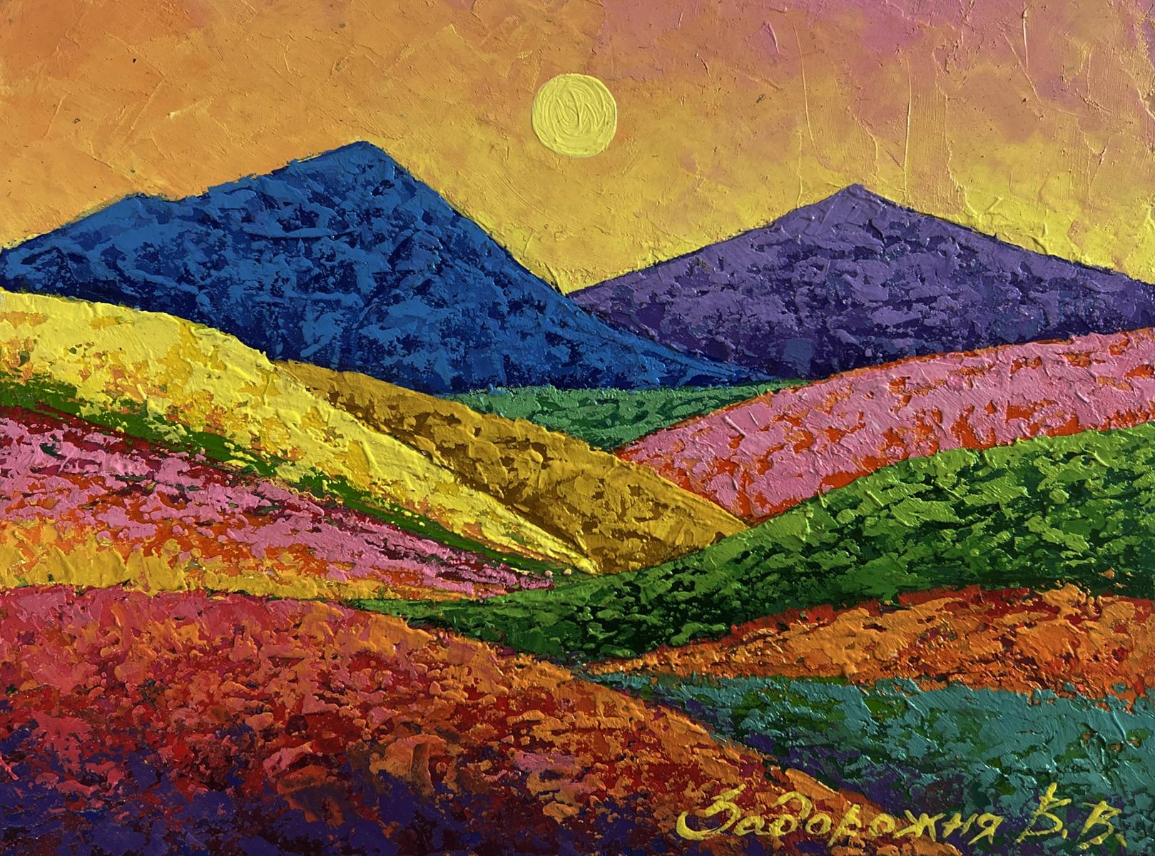 Vibrant impressionist oil painting by V. Zadorozhnya: blue mountains with meadows