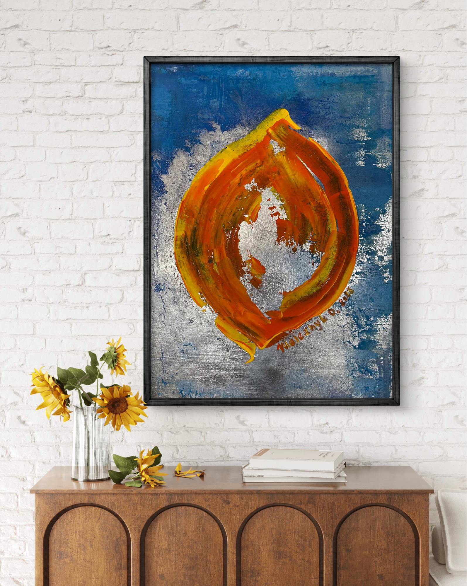 Vibrant Delicious Life acrylic painting by Olga Melezhik, orange swirls on blue